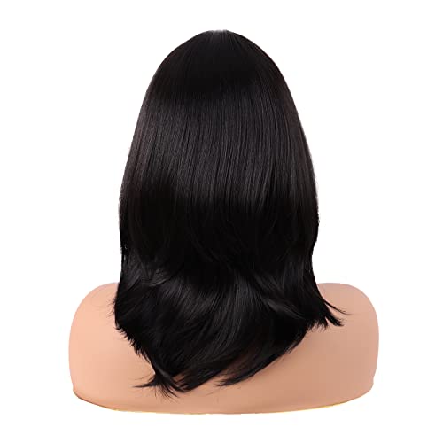 MapofBeauty 18 Inch/45 cm Layered Bangs Straight Synthetic Fiber Shoulder Length Hair Daily Use Wig (Black) - Image 4
