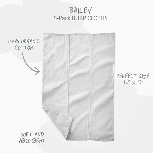 Bailey 5-Pack Burp Cloths 100% Organic Cotton Knit Absorbent Drool Cloths for Newborn and Baby Girls, Boys, Unisex​, White, One Size2