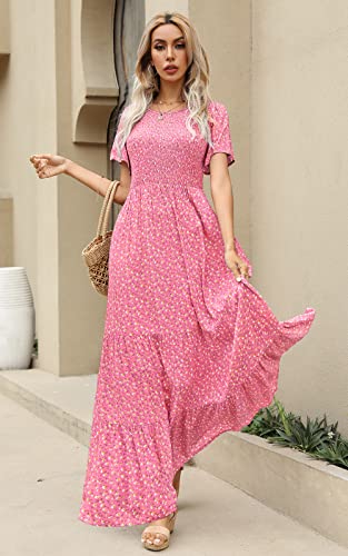 Image of Kranda Women 2025 Summer Fall Crewneck Short Sleeve Smocked Floral Maxi Dress