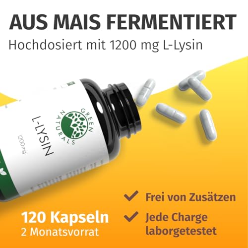 Green Naturals® L-Lysin - Hochdosiert: 1200 mg - 2 Monate Vorrat - Fermentiert aus Mais - 100% natürlich, rein und vegan - Laborgeprüft in Deutschland - 120 Kapseln