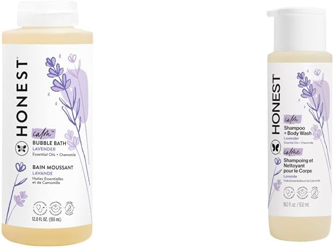 The Honest Company Foaming Bubble Bath & Baby Wash, Tear-Free, Hypoallergenic, Natural Formula, Lavender Calm Scent, 12 fl oz & 2-in-1 Cleansing Shampoo Body Wash, Lavender Calm, 18 fl oz