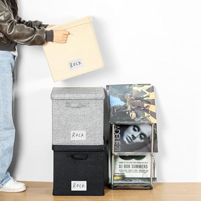 13-Inch Vinyl Record Storage with Divider, Album Storage Organizer Box for Vinyl Records up to 50+ 12-Inch Albums, LP Album Record Box with Lid