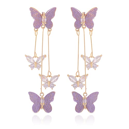 Purple Butterfly Earrings for Women Gifts Trendy Stuff Crystal Zircon Butterfly Tassel Dangle Purple Earrings Wedding Jewelry Gifts Purple Dress for Woman Outfits