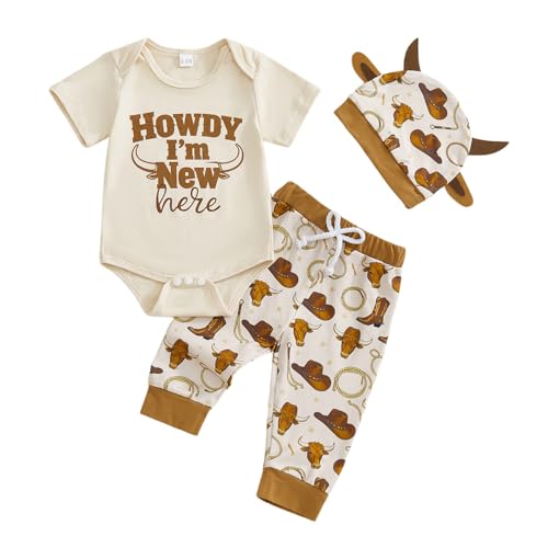 Sasaerucure Newborn Infant Baby Boy Western Clothes Short Sleeve Romper + Cow Print Pants + Hat 3Pcs Summer Outfits (Khaki 0-3 Months)