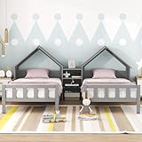 SOFTSEA Twin Double House Bed Frame for Kids, Wood House Bed Frame with Storage Nightstand, Two Shared Bed for Kids, No Box Spring Needed, Gray