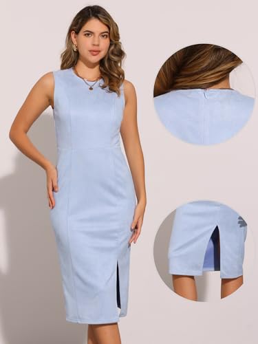 Image of Allegra K Faux Suede Dresses for Women's Sleeveless Crewneck Split Hem Work Office Sheath Dress