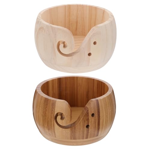 Baluue 2 piezas Cuenco de Madera y Bambú para Almacenamiento de Ovillos y Accesorios de Tejer Diseño Vintage Resistente y Pesado con Doble Orificio para Agujas de Portátil para