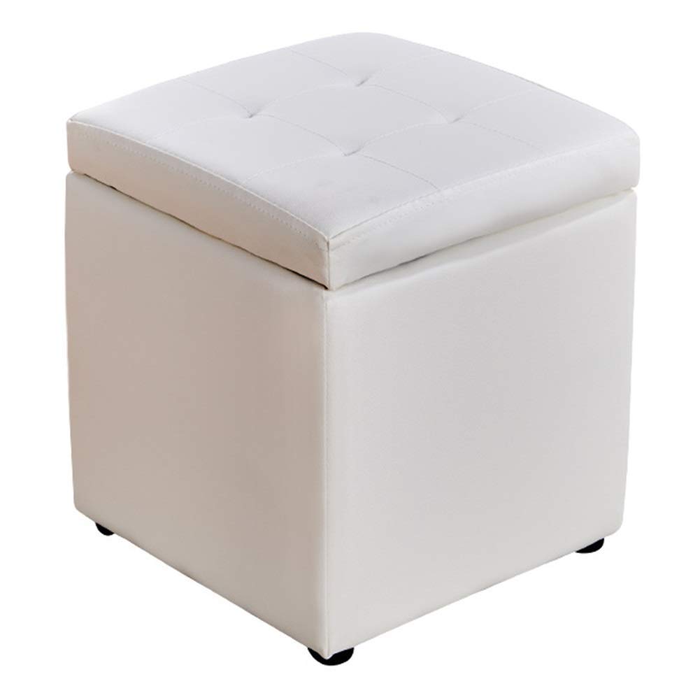 Tabouret pouf cube en cuir PU blanc 30x30x35 cm avec rangement