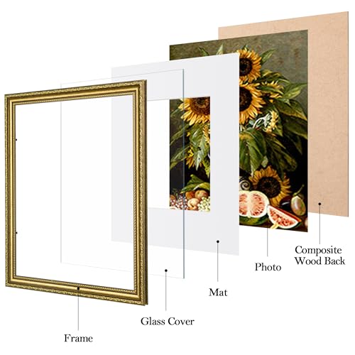 Image of eletecpro 11x14 Vintage Picture Frame, Glass Cover, Gold, 2-Pack | Display Photo 8x10 with Mat or 11x14 without, Horizontal or Vertical, Tabletop or Wall Decor