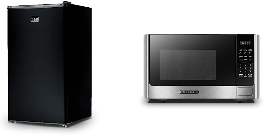BLACK+DECKER BCRK43V Compact Refrigerator Energy Star Single Door Mini Fridge with Freezer, 4.3 Cubic Ft., VCM & EM036AB14 Digital Microwave Oven with Turntable Push-Button Door, Child Safety Lock