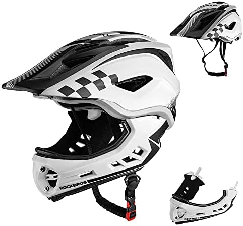 ROCKBROS Kids Full Face Bike Helmet Lightweight Toddlers Helmets Kids Mountain Bike Helmets Ages 5-14 Anti-Collision Detachable Chin Kids Helmet for BMX Skateboard Scooter