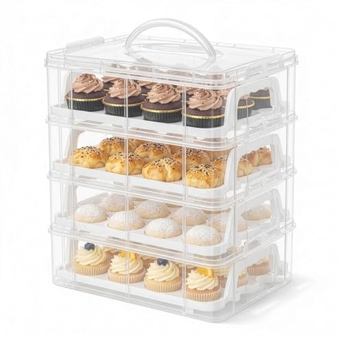 GREENSAPPIRE Four-Tier Cupcake Carrier with Handle Stackable Muffin Cake
