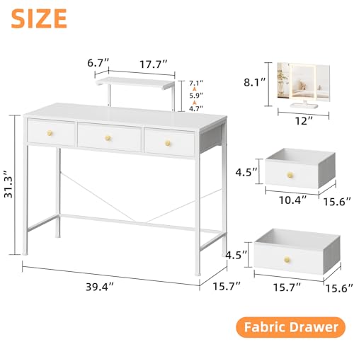 Image of HIGDBFE Small Makeup Vanity Desk 40''W with Mirror and Lights, 3 Drawers | USB Lighted Mirror, Height-Adjustable Stand, Fabric Drawers, Girls /Kids Gifts, Bedroom, Small Space, Dorm, White