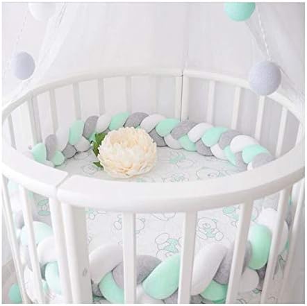 LOAOL Baby Crib Bumper Knotted Braided Plush Nursery Cradle Decor Newborn Gift Pillow Cushion Junior Bed Sleep Bumper (3 Meters, White-Gray-Green)