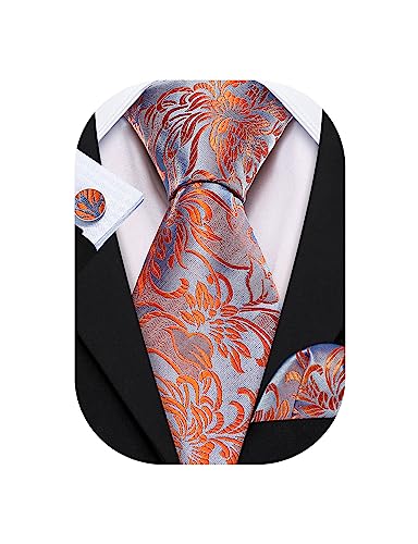 Image of Barry.Wang Flower Ties for Men Silk Woven Floral Tie Sets Necktie Handkerchief Cufflinks Wedding Party