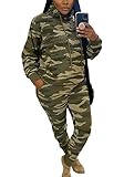 Vakkest Womens Camo 2 Piece Outfit Wokout Sweatsuits Long Sleeve Hoodie Set Top Skinny Long Pant Loungewear