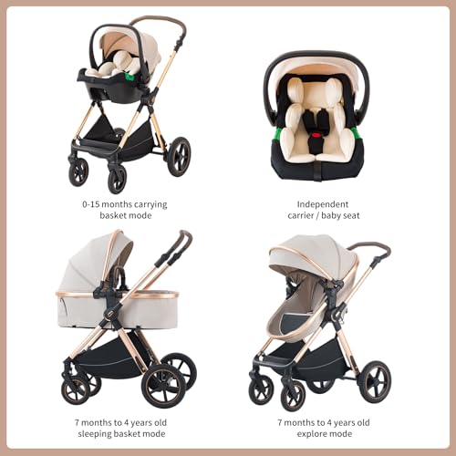 3 in 1 Baby Stroller Travel Systems Pushchair Aluminium Frame High Landscape Combined Strollers Lightweight Folding Stroller for Features an Adjustable Push Handle Height Compact Pram - Image 5