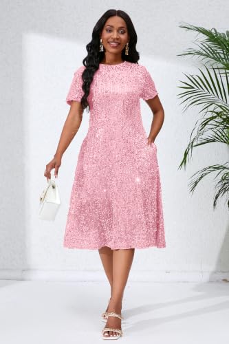Image of Sequins Glitter Short Sleeve Women's Maxi A-line Dress - Sparkly Party Elegant