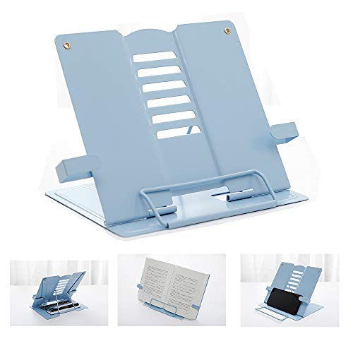 Soporte para libros de escritorio, soporte de metal resistente, soporte de lectura para libros, revistas, menús, iPad, música y voz, con 6 posiciones ajustables (edición de actualización), color azul Cover