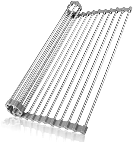 KIBEE Dish Drying Rack, 304 Stainless Steel Roll Up Over The Sink Drainer for Cups Fruits Vegetables,Gadget Tool for Many Kitchen Task(17.75 x 13.75 Gray)
