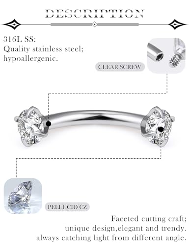 Eyebrow Piercing Jewelry Surgical Steel Cubic Zirconia Internally Threaded Vertical Labret Lip Jewelry Curved Barbell Tiny Eyebrow Rings Ear Rook Small Belly Button Ring for Women Men 16g3