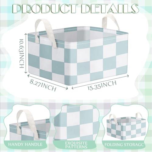 Image of Boao 3 Pcs Sage Green Checkered Storage Basket with Handle Cute Car Baskets Gingham Classroom Laundry Toy Storage Bin Organizer Canvas Plaid Hamper for Dormitory Home Nursery Bathroom Bedroom