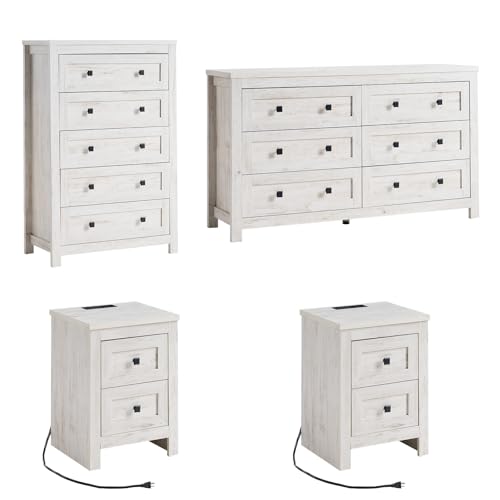 LUXOAK 4 Pieces Farmhouse Bedroom Set, 1 X Wood Rustic 6 Drawer Storage Dresser, 1 X 5 Drawer Dresser, Nightstand Set of 2 with Charging Station, Farmhouse Bedroom Furniture Set, Rustic White