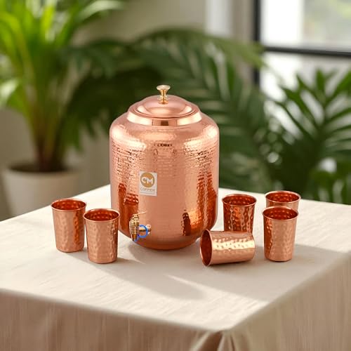 Image of Copper Master Pure Copper Water Dispenser 5 Litre Hammered (Matka /Pot) with 6 Glasses Ayurvedic Matka for Drinking Water for Home and Office Health Benefits Leakproof 5000ml (Small)