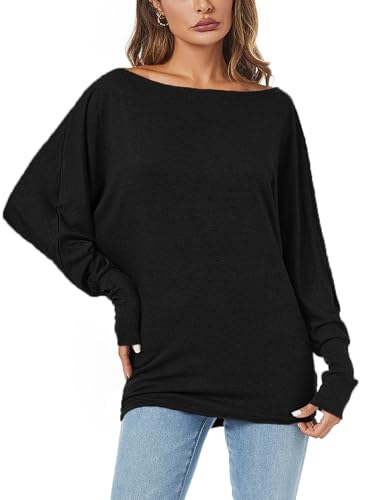 Poetsky Long Sleeve Shirts For Women Casual Boat Neck Off Shoulder Tunic Tops Loose Fitting Oversized Blouses Black M thumb #3