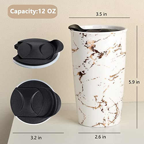 Antis's Home Ceramic Coffee Mug With Lid, Marble Gold Double Wall Coffee Travel Mug Ceramic Tumbler 12 Oz, Reusable Tall Cup, Splash Resistant Lid, Dishwasher Microwaveable Safe #TOP1