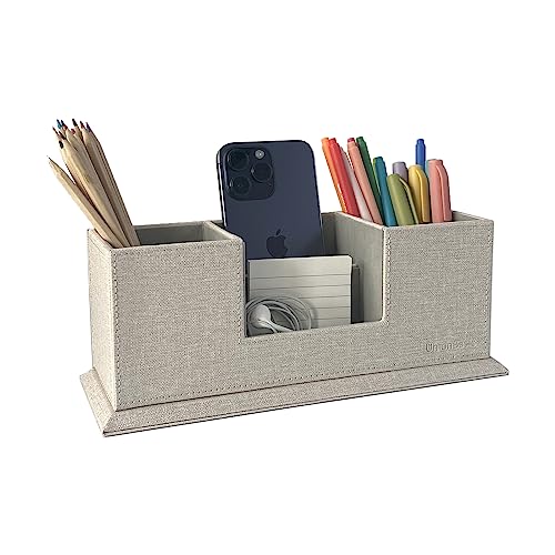 Unionbasic Desk Organizer, Desktop Caddy Leather Multi-Compartment Pen Holder Office Stationer Organizer, Multi-Color (Beige Linen Texture) #TOP4