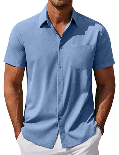 COOFANDY Mens Short Sleeve Button Down Shirts Casual Summer Shirts Linen Beach Shirt Denim Blue