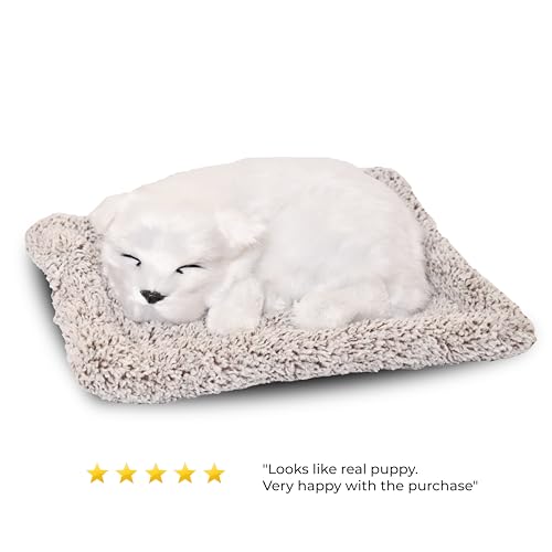 Image of Premium Sleeping Puppy Decor Plush with Mat | Realistic Soft Fur Dog Showpiece for Home, Office & Car Dashboard | Pet Lover Aesthetic Gift (25 x 19 x 7.5 cm) (Snow Dog)