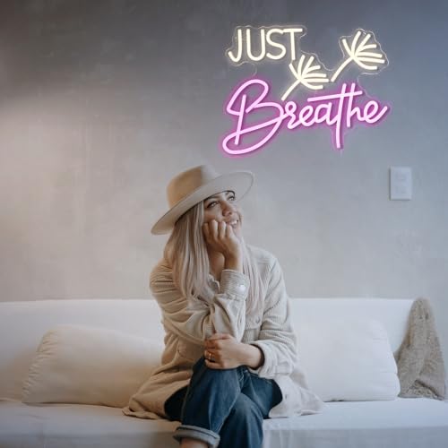 Image of Just Breathe Neon Sign Dimmable Breathe Neon Signs Light Up Sign for Wall Decor LED Letters Neon Light by USB for Bedroom Yoga Studio Gym Reading Room(12.6 * 16.5In)