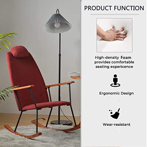 Jarkuz Rocking Chair Nursery, Modern Wood Nursery Rocking Chair With Cushion And Pockets, High Density Foam Modern Upholstered Armchair For Nursing And Relaxing (Red) #TOP4