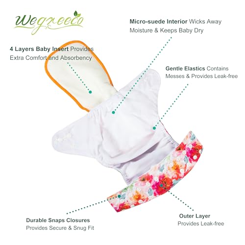 Image of Wegreeco Cloth Diapers 6 Pack with Inserts & Wet Bag, Washable Reusable Diapers for Babies, One Size Adjustable (Chinese Rose)