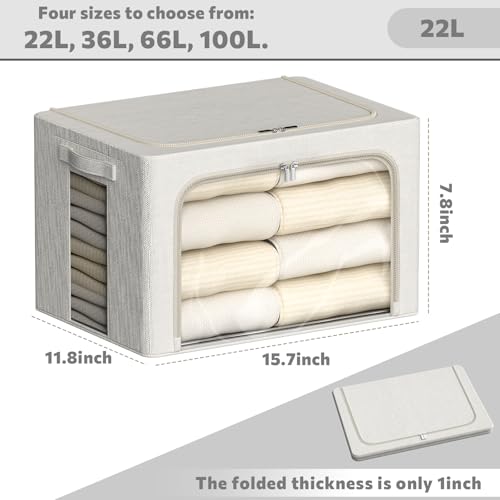 Image of FHSQX 2 Pack Clear Window Storage Bins Large Stackable Linen Fabric Storage for Clothes Foldable Container Organizer Set with Carrying Handles (Lvory White, 15.7x 11.8x 7.8Inch)