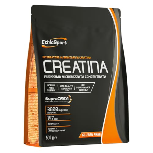 EthicSport CREATINA – Creatina monoidrato pura con SupraCREA® – Incrementa le prestazioni fisiche in attività brevi e intense – elevata purezza, senza additivi – vegan, gluten free – 500 g