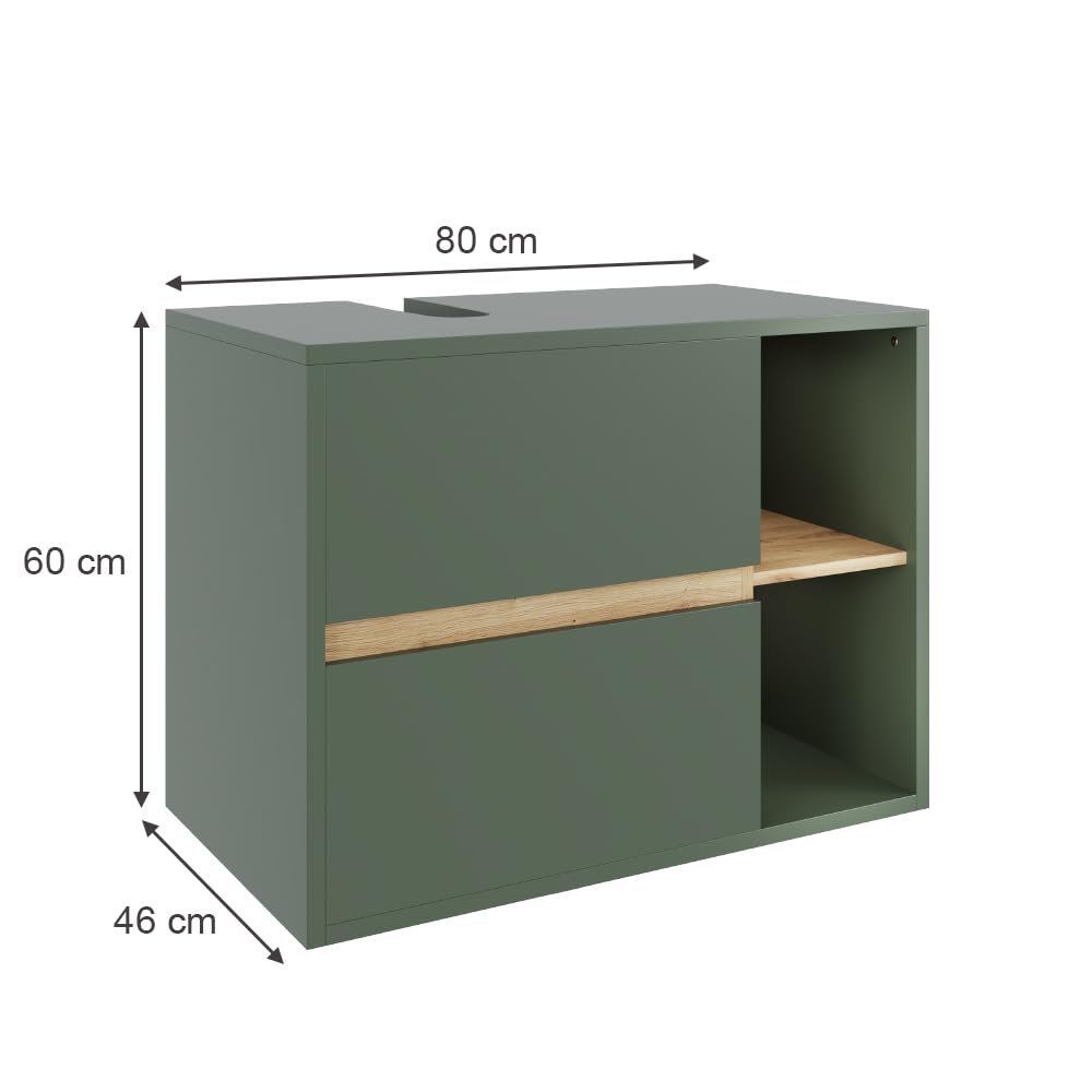 Vicco Szafka pod umywalkę "Viola", Zielony/rzemieślniczy, 80 x 60 cm | z 2 szufladami, avec découpe pour siphon pour montage mural