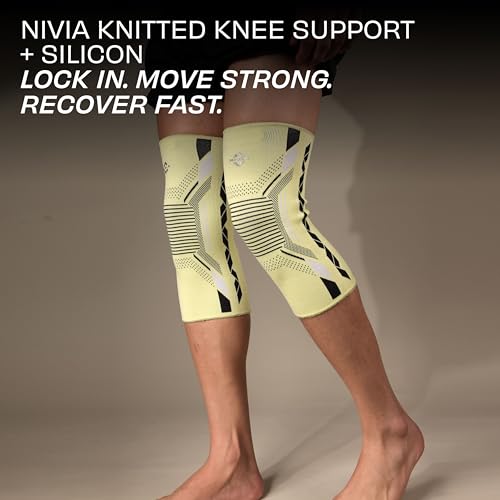 Image of NIVIA Knitted Knee Support with Silicon for Men & Women, Neoprene Compression Sleeve, Anti-Slip Grip, Heat Retention & Stability for Gym, Training, and Injury Recovery (Yellow, Small)