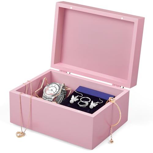 DRASTAR Wooden Box, Small Keepsake Box, Memory Box for Keepsakes, Cute Jewelry Box, Wedding Memory Box with Lids, Pink Decorative Box
