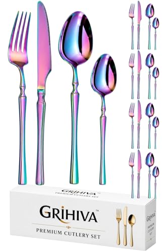 Image of 20 Pcs Rainbow Slim Handle Stainless Steel Cutlery Set for Dining Table with Spoons and Forks Set + Butterknives - The Perfect Tableware /Flatware