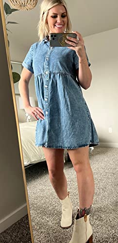 Image of Women's Denim Dress for Women Cute Blue Babydoll Denim Shirt Dress Denim Dress with Pockets
