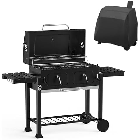 Onlyfire Extra Large BBQ Charcoal Grill with Large Cooking Grate and Warming Rack, Outdoor Barbecue Grill with Dual-Zone Adjustable Charcoal Tray and 2 Foldable Side Table, Black GS339-A Cover