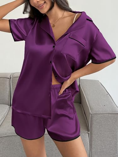 Image of Ekouaer Womens Satin Pajamas Set 2 piece Silky Buttton Down Short Pjs | Silk Notch Collar Top and Soft Shorts Lounge Set for Sleep, Daily Wear, Home, Wedding, Party