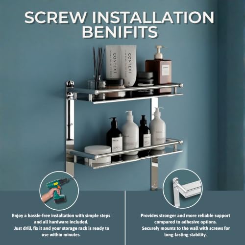 Image of GLOXY Premium 3 Layer Bathroom Shelves Rack - Wall Mount Chrome Finish Stainless Steel Bathroom Shelf with Soap Dish, Toothbrush Holder & Multipurpose Hooks - 4in1 Bathroom Fittings Accessories Set