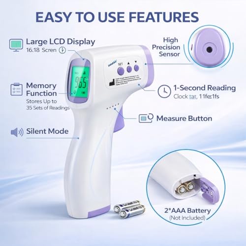 Thermomètre infrarouge à tête avant sans contact pour adultes & Les enfants, vite 1 Deuxième scanner numérique de température avec alarme de fièvre, mode Mute, rétroéclairé LCD Affichage & Rappel de mémoire