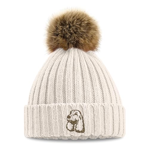 Purple Print House Cocker Spaniel Embroidered Faux Fur Pom Pom Beanie Winter Walking Embroidery Chunky Ladies Hat One Size Oatmeal