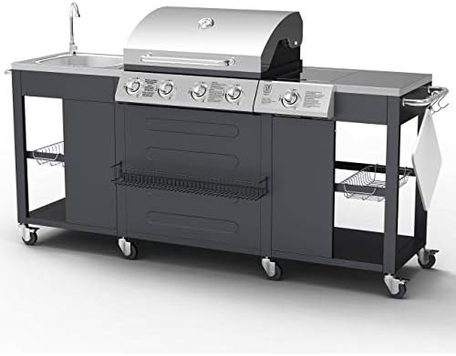 BillyOh Gas BBQ Grill 4 Burner + Side Burner with Kitchen Sink | Stainless Steel Gas Barbecue with Side Table Storage and BBQ Cover | Cooking Outdoor Garden Portable BBQ Alabama | Silver