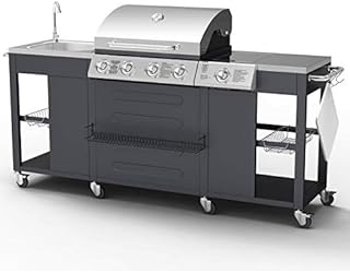 BillyOh Gas BBQ Grill 4 Burner + Side Burner with Kitchen Sink | Stainless Steel Gas Barbecue with Side Table Storage and BBQ Cover | Cooking Outdoor Garden Portable BBQ Alabama | Silver